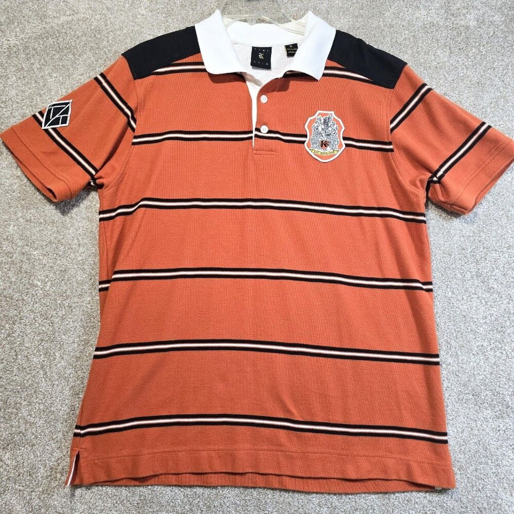 Kani Gold Polo Shirt Fitted Orange Striped Crest Patch Pullover Men's Size XL